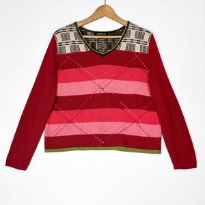 VTG 90s Express Jeans Stripe Argyle V-Neck Sweater Womens L Cute Retro Knit
